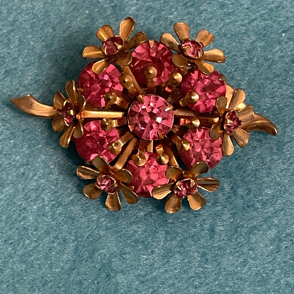 Vintage Pink Rhinestone Floral Brooch